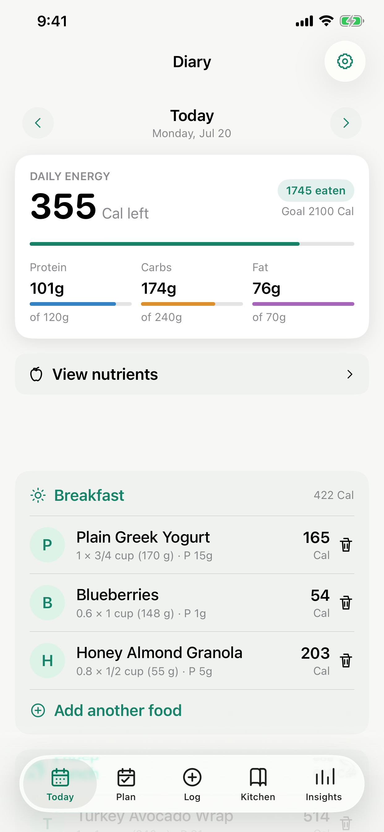 MorselNote showing a lived-in daily food diary